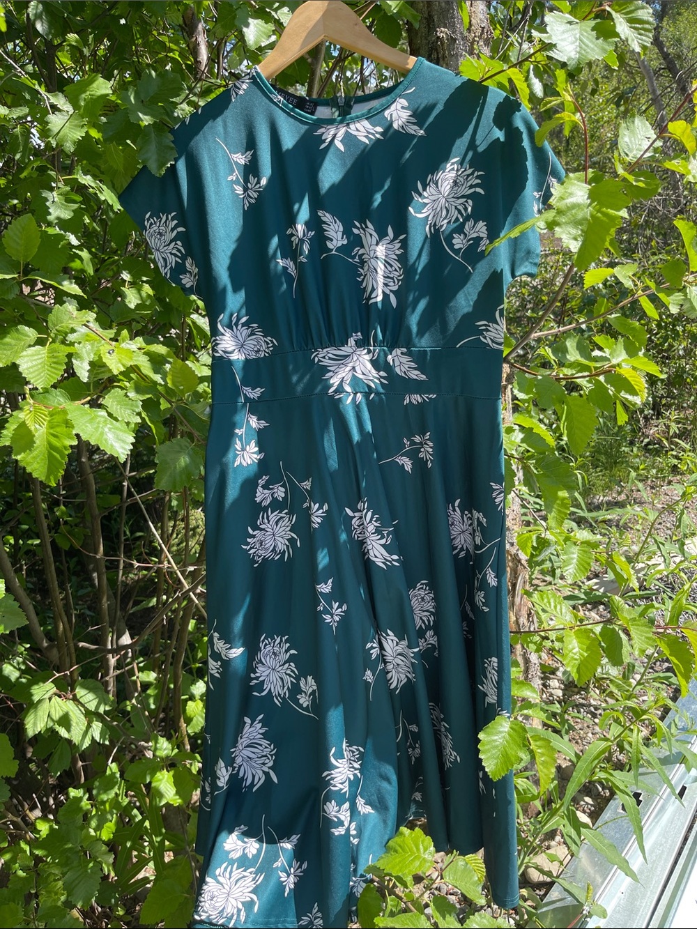 Floral Teal Midi Dress with Short Sleeves - Women